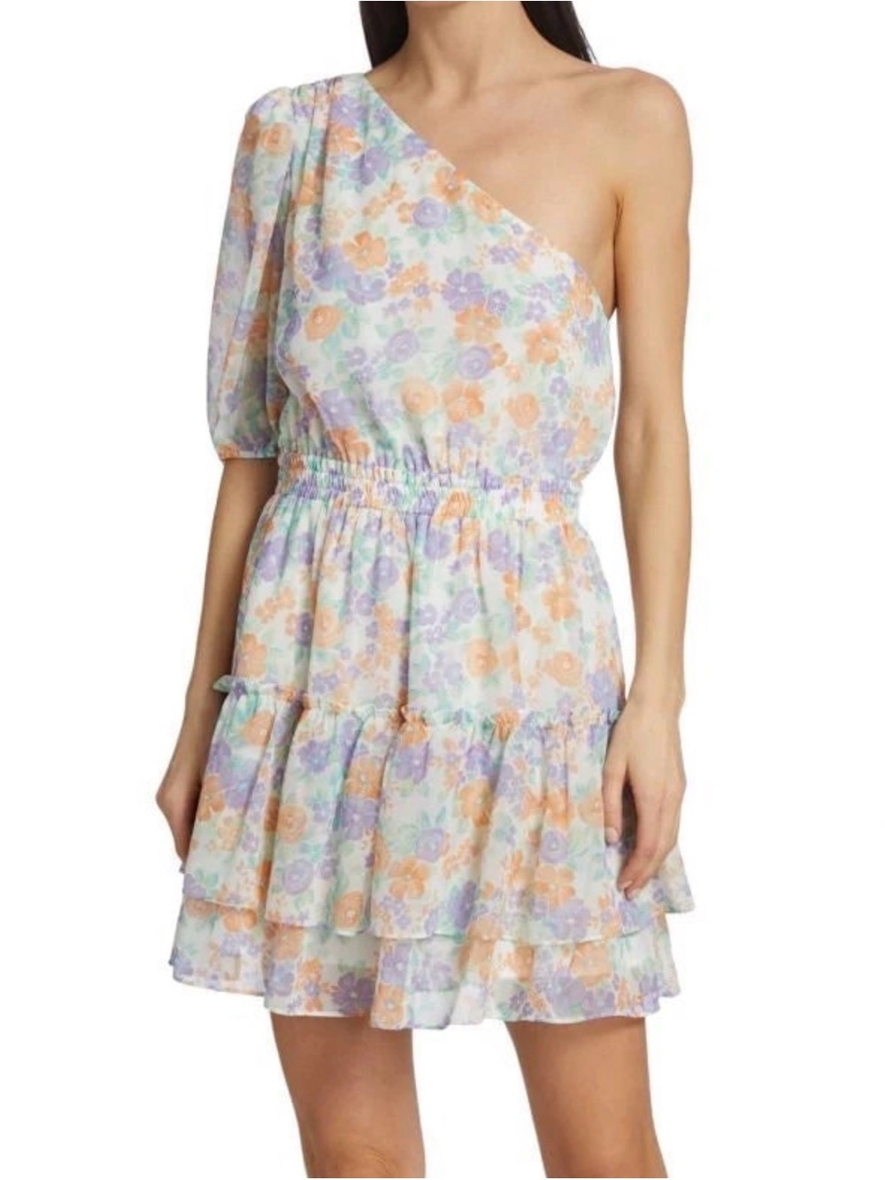 NWT WAYF One-Shoulder Floral Tiered Mini Dress - Pastel Floral